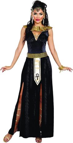 Channel the timeless allure of Cleopatra with our women's costume. Featuring a shimmering golden dress and iconic headdress, this ensemble exudes elegance and power. Perfect for themed parties or Halloween, command attention as the Queen of the Nile with our stunning costume. Ancient Egyptian Clothing, Halloween Costume Black, Low Cut Bra, Black Velvet Gown, Golden Dress