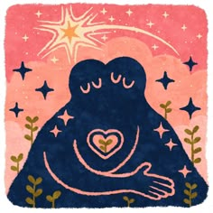 a drawing of a bear holding a heart with stars in the background