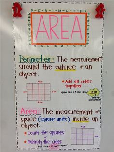 a white board with writing on it that says area perimeter the measurement, around the outside of an object