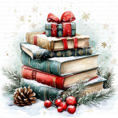 a stack of books covered in snow with christmas decorations and bows on top of them