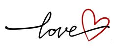 the word love written in cursive writing with a red heart on white background