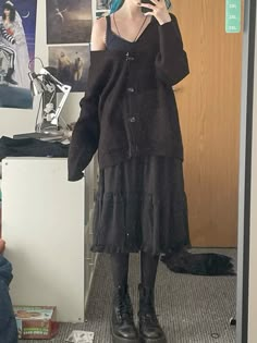 idk if this is ugly or not D: Goth Cardigan Outfit, Gothic Cottagecore Outfits, Dark Fairycore Aesthetic Outfits, Dullcore Outfits, Gothic Academia Outfits, Alternative Outfits Winter, Simple Gothic Outfits, Dark Fairy Aesthetic Clothes