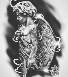 Bay Area Tattoos Ideas, Tattpp Ideas, Gangster Angel Tattoo, Get Rich Or Die Trying Tattoo, Chicano Tattoo Ideas, Tattoo Gangster, Angel Tattoo Ideas, Payasa Tattoo, Calaveras Art