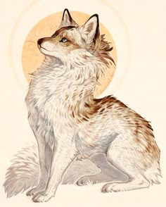 a drawing of a wolf sitting in front of an orange and white background with the sun behind it