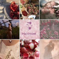 a collage of photos with flowers and other things in the background that are pink