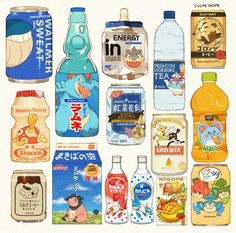 an image of many different types of bottled drinks in japanese and english words on white paper