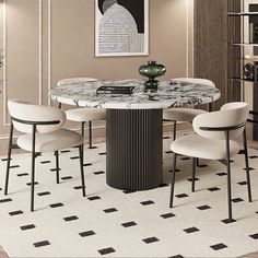 a dining table with four chairs around it