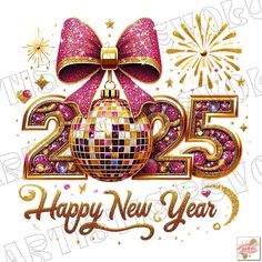 a happy new year card with a disco ball and bow on the number twenty five