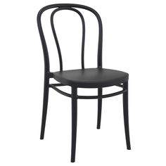 a black wooden chair with curved back and seat, viewed from the side on an isolated white background