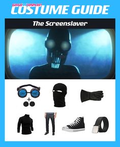 a costume guide for the screensaverr is shown in blue and has black accessories