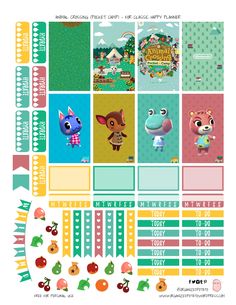 the animal crossing planner sticker sheet is shown in various colors and sizes, with different characters