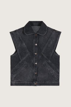 a denim vest with buttons on the front and back, in dark blue washes