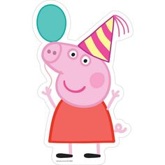 a cartoon character with a party hat on and a balloon in the shape of a pig