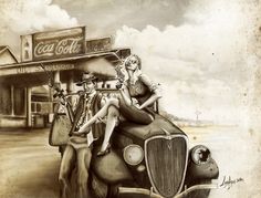 a drawing of three people sitting on top of an old car in front of a gas station