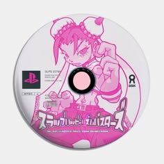 a pink and white disc with an anime character on it