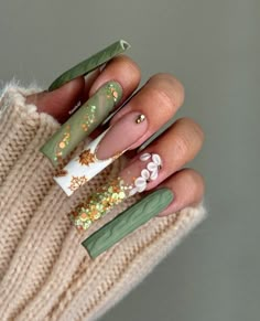 Long Acrylic Nail Designs, Long Nail Designs, Nails Design With Rhinestones, Fall Acrylic Nails, Green Nail, Nails Easy, Dope Nail Designs