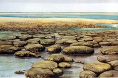 an oil painting of rocks in the water