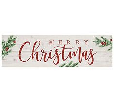 merry christmas sign with pine branches and berries on white wood planks, hanging from the wall