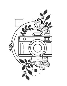 a camera and some flowers on a white background with the words photography written below it