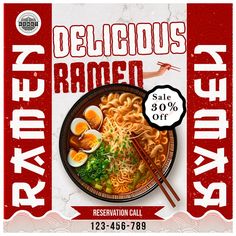 an advertisement for ramen with chopsticks and noodles on the plate in red