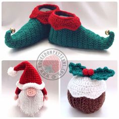 crocheted christmas hats and booties are shown in three different styles, including one for santa