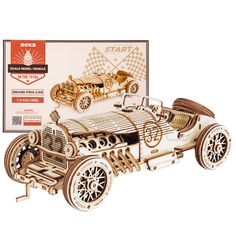 a wooden model of an old fashioned race car