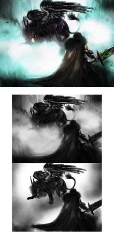 the concept art for an upcoming video game is shown in three different stages, including one being