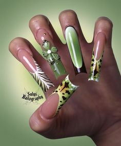 Long Acrylic French Tip, Leopard Print Nail Designs, Acrylic French Tip, Bright Acrylic Nails, Leopard Print Nail, Leopard Nail Designs, Freestyle Nails, Acrylic French, Green Acrylic Nails