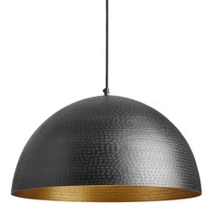 a black and gold pendant light hanging from a metal ceiling fixture with a white background