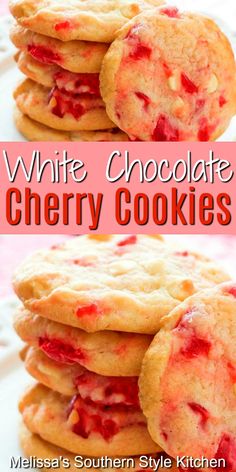 white chocolate cherry cookies stacked on top of each other