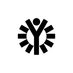 a black and white logo with an image of a person standing in the middle of a circle