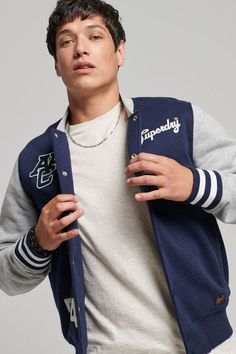 Collegiate Cotton Varsity Jacket With Embroidered Logo, Stanford University Varsity Jacket, Collegiate Cotton Varsity Jacket, Navy Collegiate Varsity Jacket For Streetwear, Collegiate Graphic Print Varsity Jacket, Superdry Style, Men's Coats & Jackets, College Fashion, Logo Embroidered