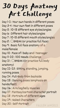 the 30 days anatomy art challenge is shown in black and white with an orange background