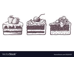 three desserts with different toppings on them hand drawn doodle style illustration in black and white