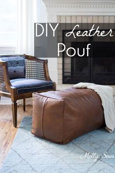 a leather pouf chair and ottoman in front of a fireplace with the words diy leather pouf on it