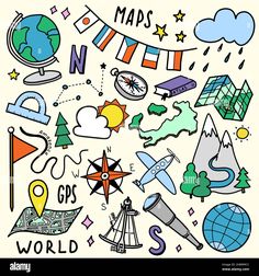 the word i love geography surrounded by doodles and icons - stock image