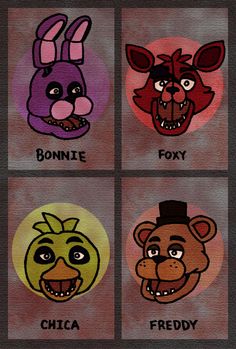 four cartoon heads with different expressions on them, including the faces of five different animals