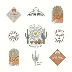 various badges and stickers for nature backpacks on a white background with cactuses