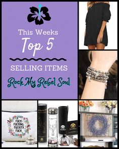 Results are in, these are the Top 5 selling products for Rock Rebel Soul this week: Sassy, foul mothed make-up bag, Phoenix Water bottle to make gem water & infusions, lavender wreath, Boho Bracelet and an off the shoulder Tunic! Gem Water, Top Selling Products, Lavender Wreath, Boho Bracelet, Selling Products, Make Up Bag, Boho Bracelets