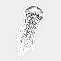 a black and white drawing of a jellyfish sticker on a gray background,