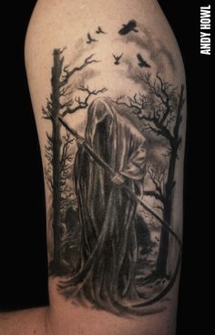 a black and white tattoo of a man holding a bow in the woods with birds flying overhead