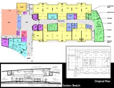 the floor plan for an office building with several sections labeled in pink and blue, green and yellow