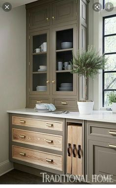 a kitchen with wooden cabinets and white counter tops, along with a potted plant