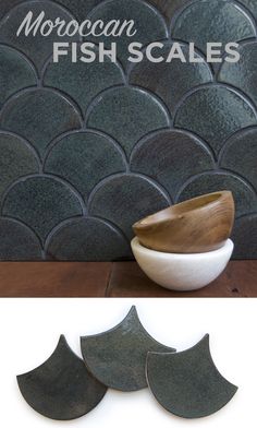 three fish scales and a wooden spoon on top of each other, with the words moroccan fish scales above them