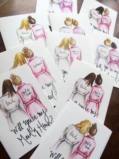 six greeting cards with watercolor drawings of women in pink and white hugging each other