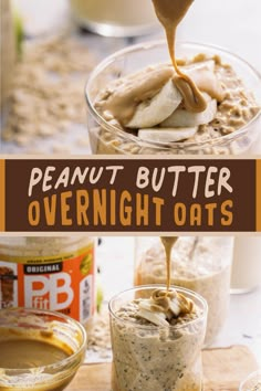 peanut butter overnight oatmeal is being drizzled over