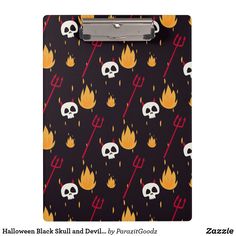 a clipboard with skulls and flames on it