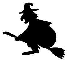 a black and white silhouette of a witch holding a broom