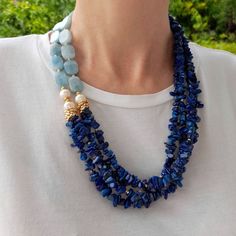 Luxury Gemstone Beaded Statement Necklaces, Luxury Sapphire Gemstone Beads Necklaces, Luxury Blue Beaded Necklace Gift, Chunky Gemstone Necklace, Handmade Blue Lapis Lazuli Crystal Necklace, Unique Blue Gemstone Beaded Necklaces, Unique Blue Gemstone Beaded Necklace, Unique Blue Beaded Necklaces With Stones, Unique Blue Crystal Necklaces With Natural Stones