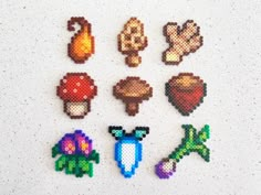 six pixellated images of different types of mushrooms and plants on a white surface with text overlay